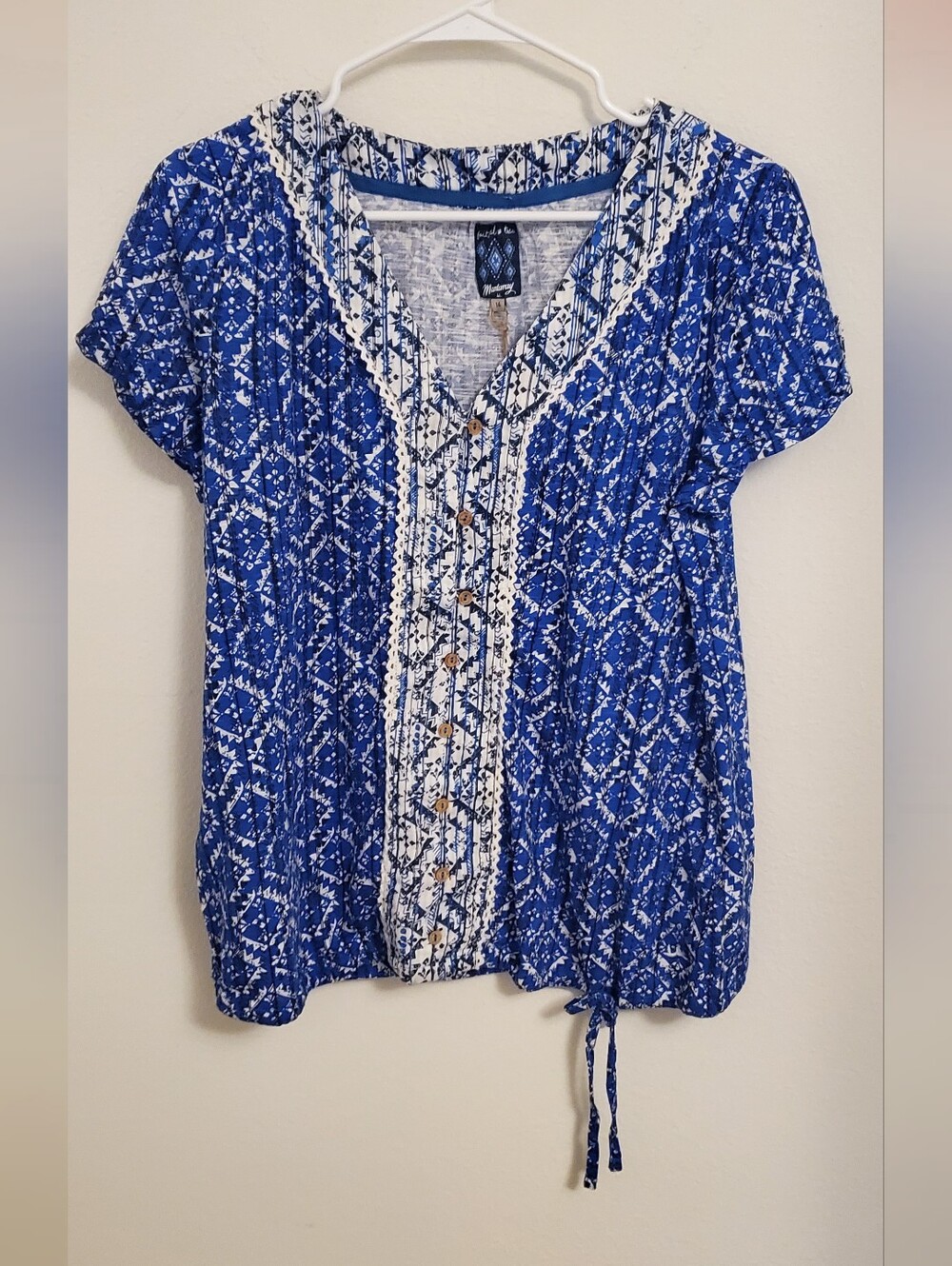 Mantaray Royal Blue Boho Printed Short Sleeve Button-Front Top Size Medium